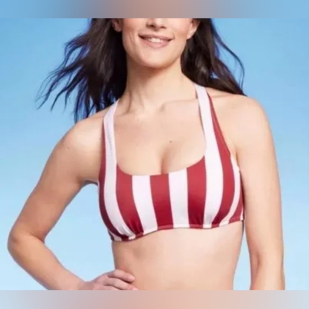 Shade & Shore Women’s Bikini Top Red & White Stripes Top Only Size 34D